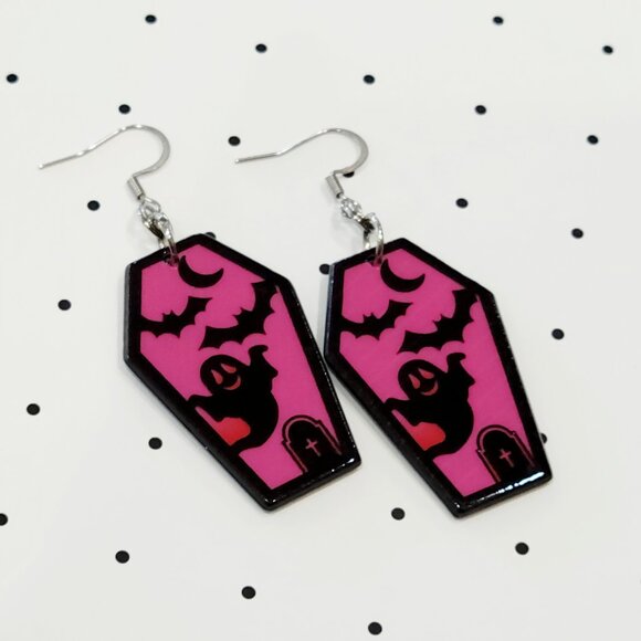 Pink Ghost with Bats Coffin Earrings Stainless Steel Hooks Halloween Punk NEW - Picture 2 of 5